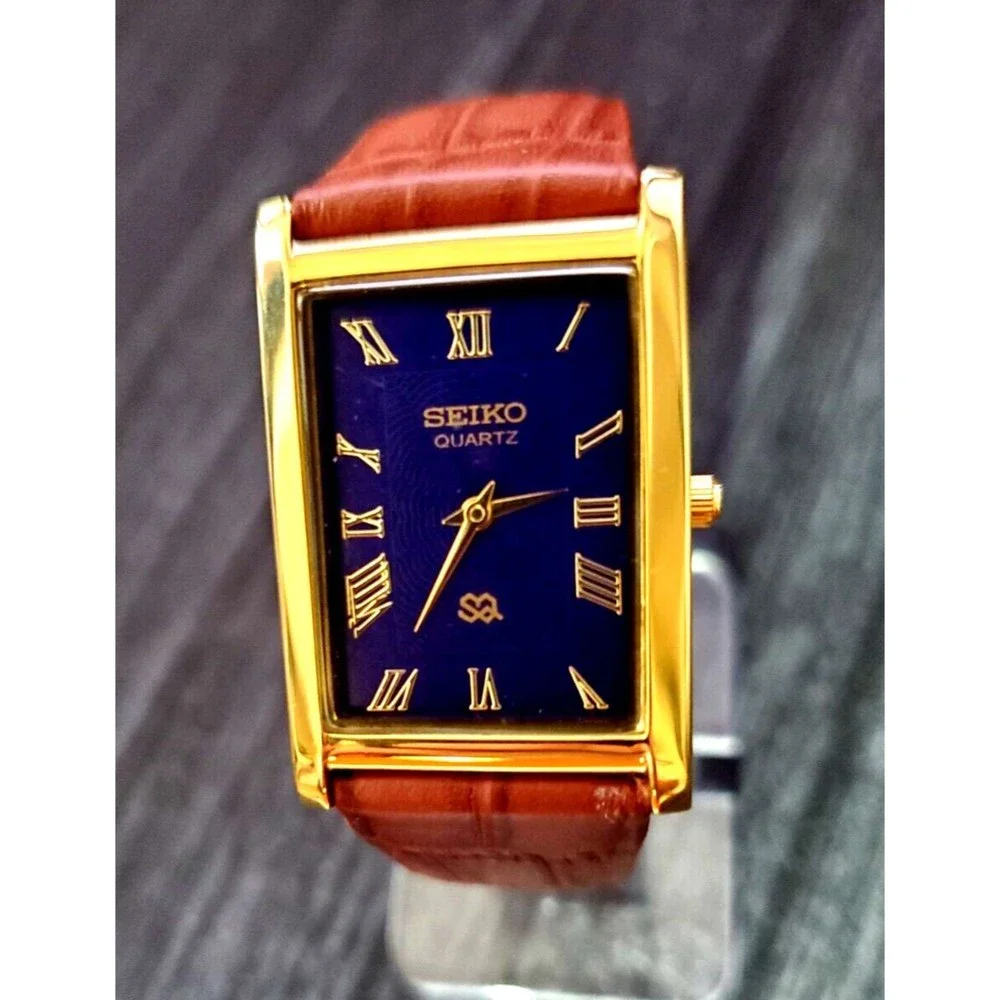 RARE NOS Seiko Men's Rectangular‎ Tank Gorgeous Gold Case Blue Dial Dress Watch